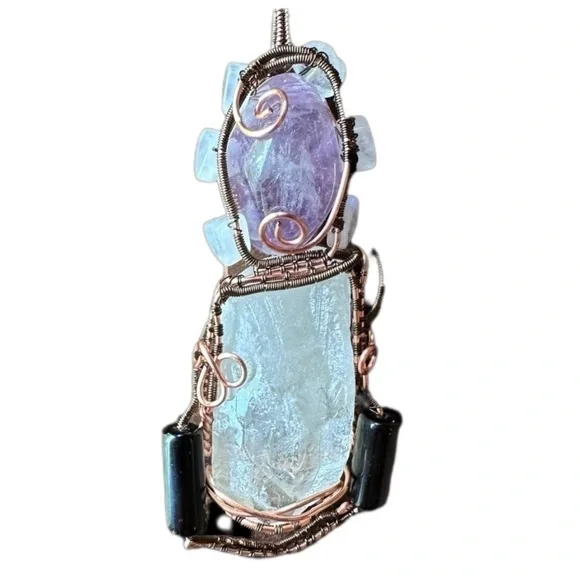 Handmade copper wire wrap pendant necklace gemstone quartz moonstone onyx - Picture 1 of 10